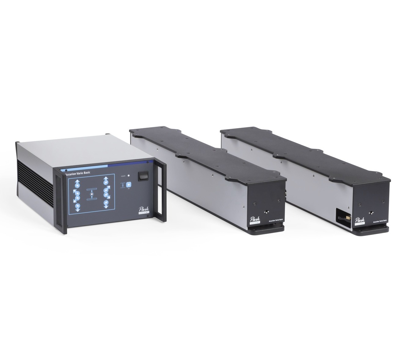 Park Systems Accurion Vario modular active vibration isolation system with two or more elements, designed for high static loads up to 900 kg, featuring automatic load adjustment, steel support frame, acoustic enclosure, and a rack-mountable external control unit. Ideal for custom applications like optical breadboards or laser set-ups.